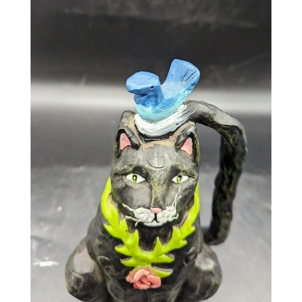 Contemporary Resin Black Cat Figurine Bluebird Nest Flower 9
